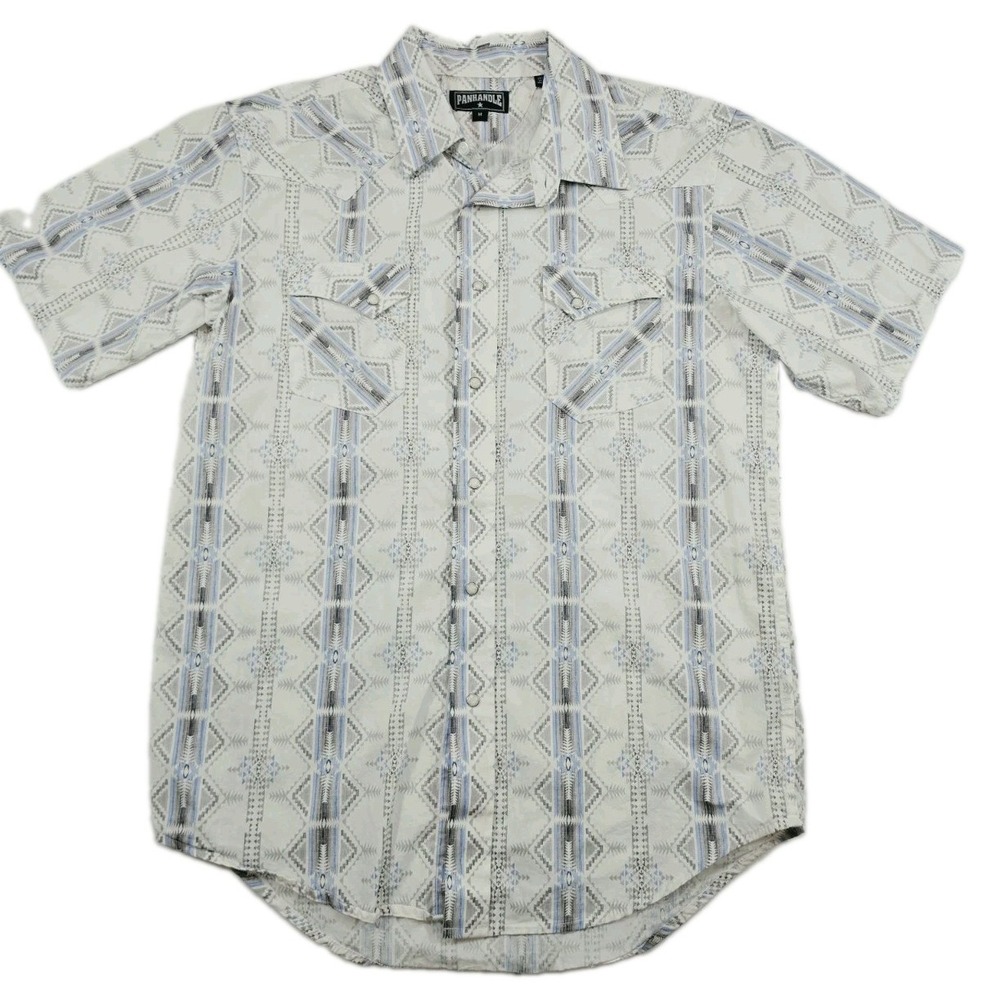 Panhandle Slim Men's Aztec Pearl Snap Western Shirt M Short Sleeve Blue White